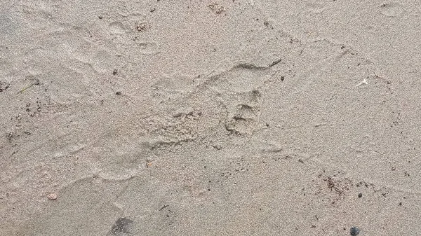 Пісок на березі річки. Розмите зображення піщаного візерунка. Людський слід у піску, крупним планом . — стокове фото