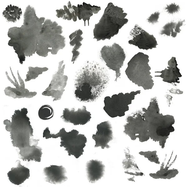 Set of Black and White Watercolor Stains. Collection of Brush Strokes and Stains of Watercolor Stains. — Photo