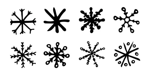 Jeu de croquis dessiné à la main en noir et blanc avec flocon de neige — Image vectorielle