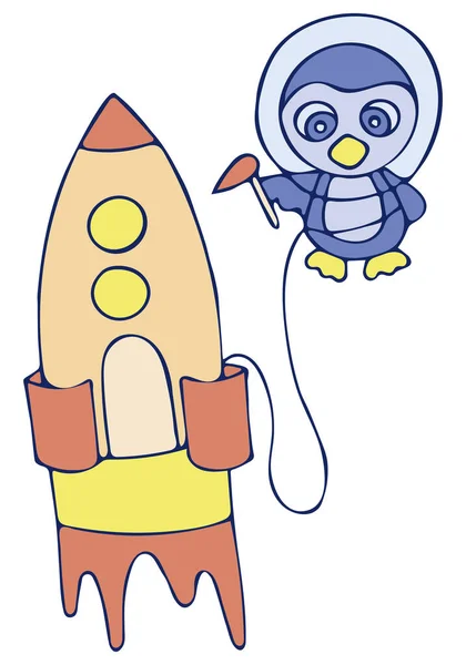 Pinguim colorido com um estilo de desenho Doodle Rocket. — Fotografia de Stock