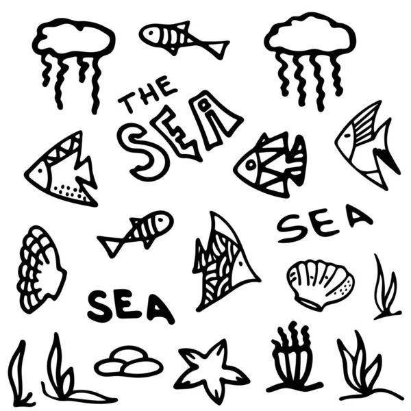 Sea Life Black White Doodle Sketch Inglés Ilustración Del Mundo — Archivo Imágenes Vectoriales