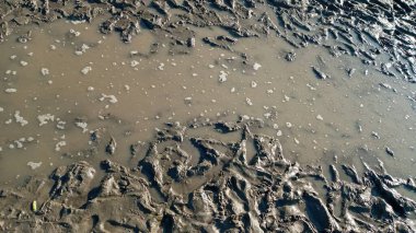 Çamurdaki ayak izi ya da ayak izi. Çamur dokusu ya da ıslak kahverengi toprak doğal organik kil ve jeolojik çökelti karışımı. Yağmurdan ya da yağmurdan sonra kirli çamurlu bir arazide işlendiği gibi..