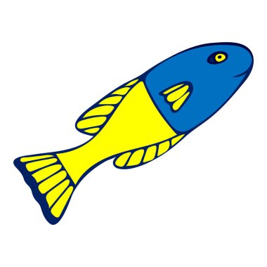 Beyaz arka planda renkli deniz balığı görüntüsü. Su altı dünyası karikatür çizimi Panorama, baskı, gömlek, çocuk, bebek, yüzme havuzu, oyun, uygulama ve çıkartmalar için izole nesne.