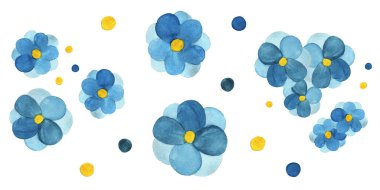 Suluboya Mavi Çiçek Kompozisyonu Beyaz Arkaplanda izole edildi. Mavi Taç ve Sarı Çekirdekli El Çizimi Basit Çiçekler.