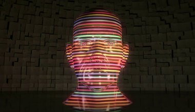 Çizgili bir efektle büstü temsil ediyor. Beyaz arka planda parlak holografik materyalden yapılmış modern heykel.