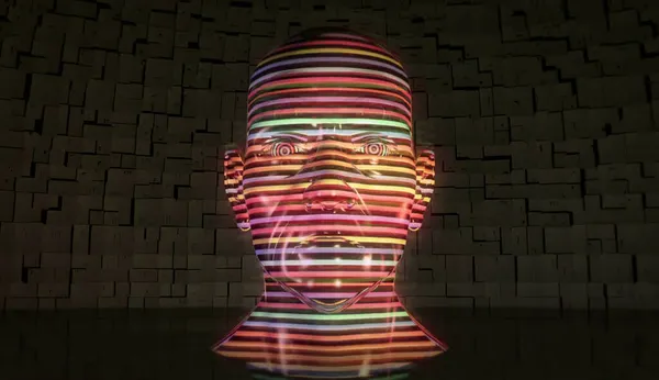 Çizgili bir efektle büstü temsil ediyor. Beyaz arka planda parlak holografik materyalden yapılmış modern heykel.