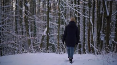 the person walking in the snow. A shot of a woman's back in the snowy forest. The girl walks slowly 