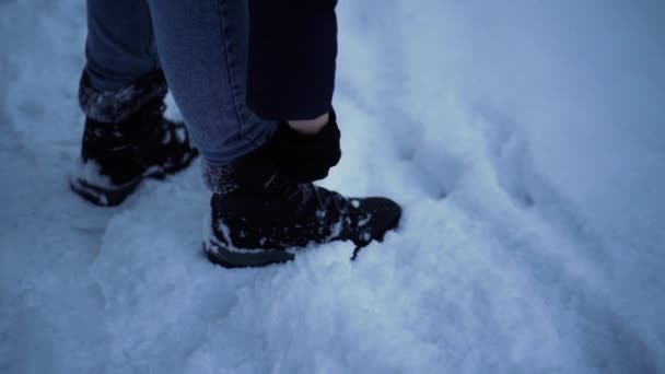 Woman Ties Her Shoelaces Winter Boots — Stok video