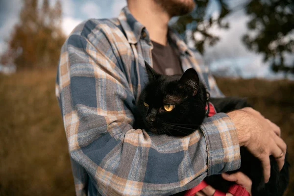 Man with a black cat on his shoulder. Bearded man wearing check shirt outdoor with his favorite domestic pet.