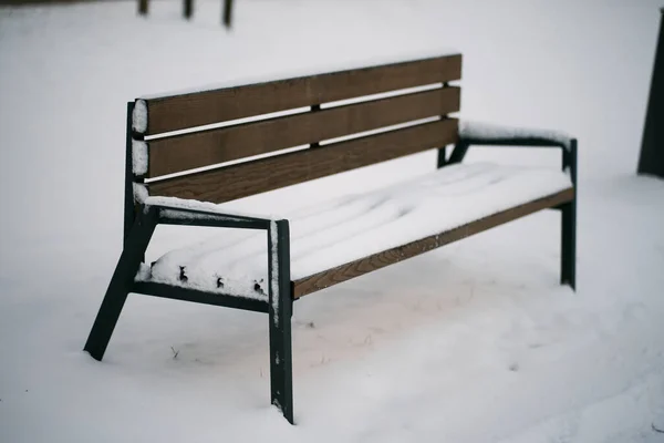 Скамейка Покрытая Снегом Городском Парке Зимой Пустая Скамейка Концепция Пустой — стоковое фото
