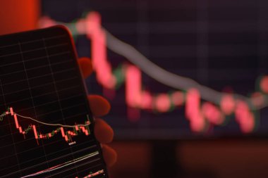 Bilgisayar ekranında bitcoin grafiği var. Çevrimiçi ticaret. Şifreli döviz kuru kırmızı zemin ile düşerken çevrimiçi ticaret kavramı. Sanal para birimi borsası.