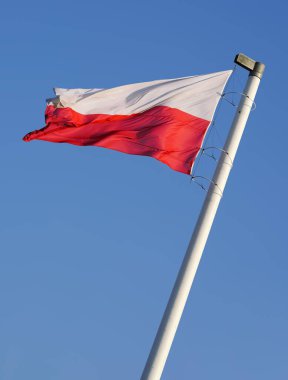 Gökte dalgalanan Polonya bayrağı. Polonya 'nın bayrak direğinde ulusal bayrak sallıyor, Polonya' nın ulusal renkleri.