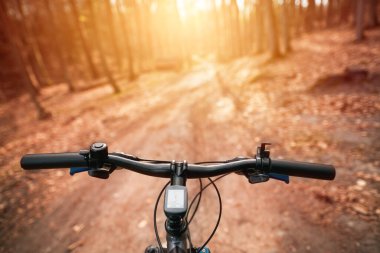 Birinci şahıs bisiklet sürüşü. Bisiklet süren bir adam. Bisiklet gidonunu bir eliyle spor eldiveniyle tutuyor. Yaz zamanı açık hava sporu aktivitesi. Bisiklet sapı çubuğunu kapat