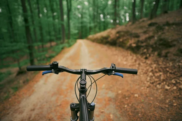 Nie Rąk Rowerzysta Jazda Lesie Widok Pierwszej Osoby — Zdjęcie stockowe