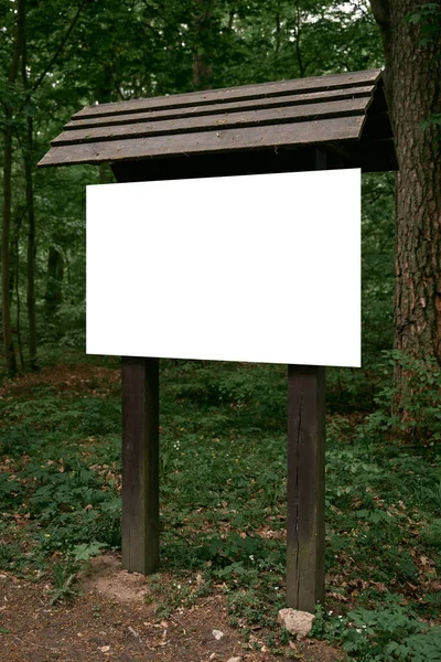 Empty sign in the forest. Mock up of an informational wooden board in the woods