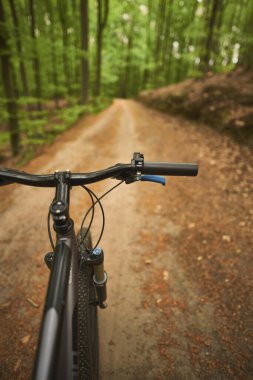 Dağ bisikleti gidonu birinci şahıs perspektifinden görülüyor. Gidona ve Trai Ormanı 'na bisiklet aksesuarları konmuş. Motosiklet sürerken dışarıda zaman geçirme kavramı