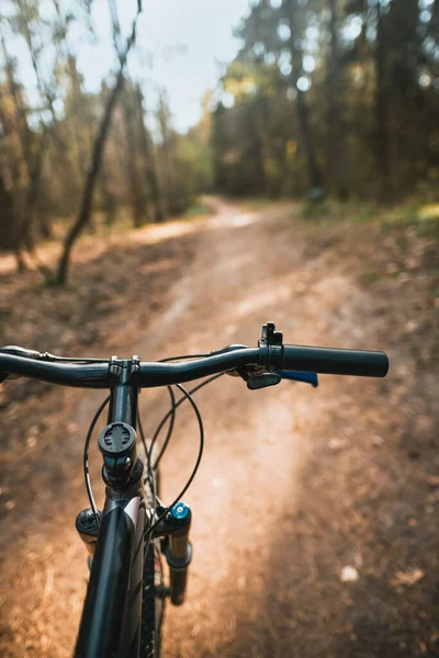 Förstapersonlig Syn Hantering Cykeln Skogsvägen Staden Mot Solljus Begreppet Att — Stockfoto