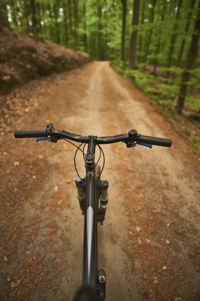 Inga Händer Cyklist Ridning Skogen First Person — Stockfoto