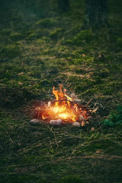 แคมป ไฟท สวยงามในตอนเย ไฟไหม ในตอนค งแคมป ใกล าในธรรมชาต สวยงาม ไฟไหม — ภาพถ่ายสต็อก