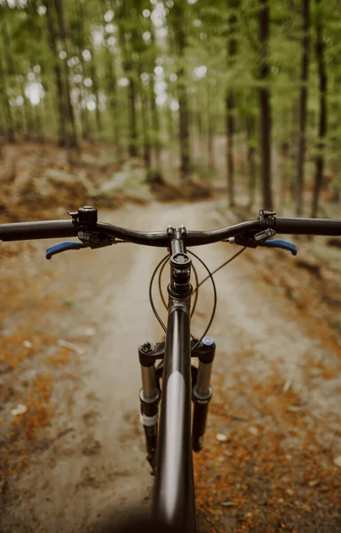 Mountain bike handlebar viewed from the first-person perspective. visible bicycle frame and bicycle accessories on the handlebar and the forest trai. Concept of spending time outdoors while bikeriding