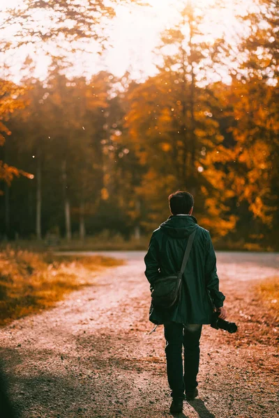 Photographer walks in the autumn forest. Man holding camera outdoors