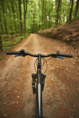 Dağ bisikleti gidonu birinci şahıs perspektifinden görülüyor. Gidona ve Trai Ormanı 'na bisiklet aksesuarları konmuş. Motosiklet sürerken dışarıda zaman geçirme kavramı