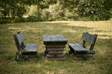 Tahta bank ve şehir parkındaki gölün yanındaki masa. Açık hava aile pikniği kavramı..