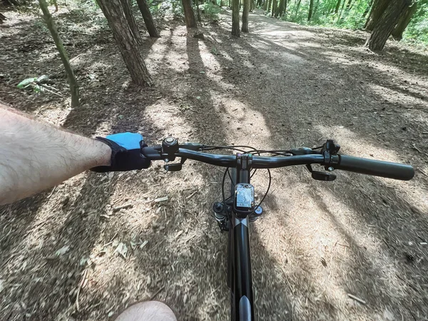 First Person Riding Bike Woods Rain Mtb Race Forest Concept — Stockfoto