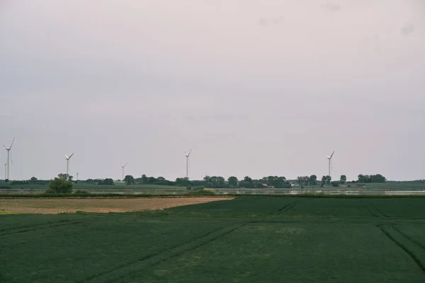 Distant Windmill Farm Green Fields Wind Turbines Generating Green Renewable — Stockfoto