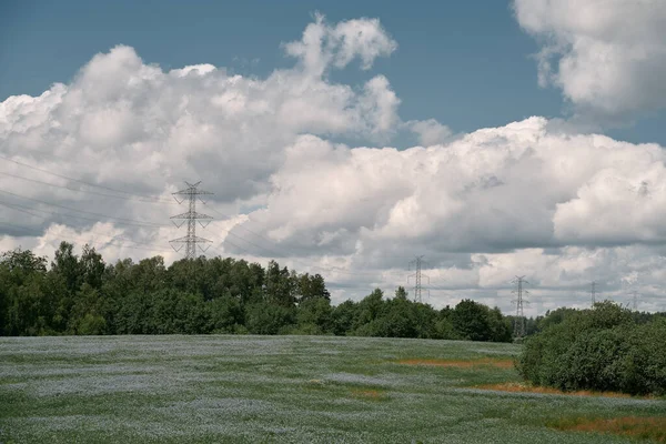 High Voltage Tower Electric Cable Stands Field Transmitting Electrical Energy — Stock fotografie