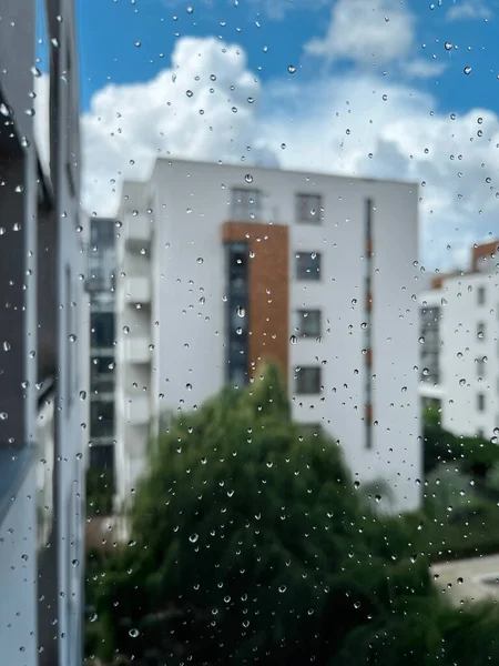 Window Rain Rain Droplets Window Glass Bokeh Background Scandinavian Style — Φωτογραφία Αρχείου