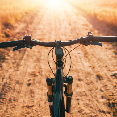 Bike handlebars. First-person view of mountain bicycle on the forest path. Riding a bike in a beautiful summer sunset nature landscape.