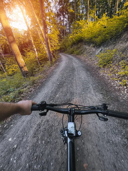 Close Bicycle Handle Bar First Person View Bicycle Riding Man — Stock fotografie