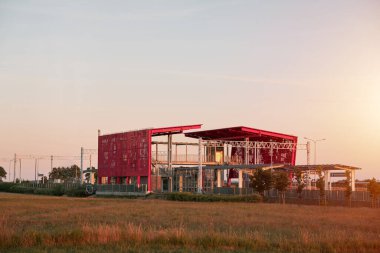 10.08.2022 Gdansk Poland. Newly build a red PKP train station in the rural area near Gdansk Rebiechowo. Tricity Rapid Transit Rail station called SKM.