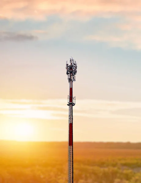 Technology on the top of the telecommunication GSM (5G,4G) tower with copy space.Cellular phone antennas on a building roof.Telecommunication mast television antennas.Development communication system