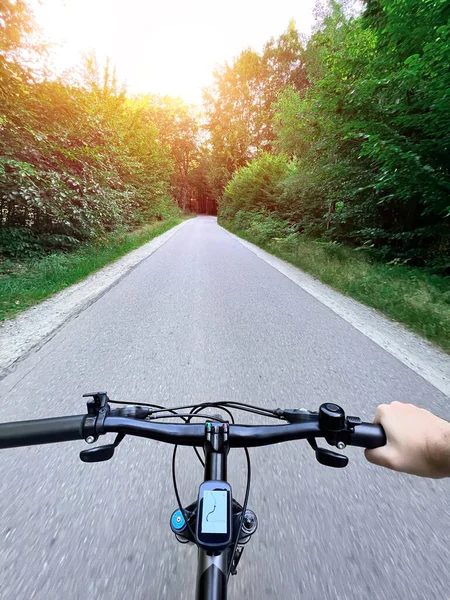 Mountain biker riding on flow single track trail in green forest, POV behind the bar\'s view of the cyclist. POV MTB riding in the woods. Outdoors active sports concept.