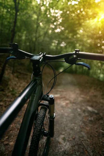 Bicycle frame, air suspension fork and handlebar with brake handle with forest background. Concept of using MTB on a path in the woods.