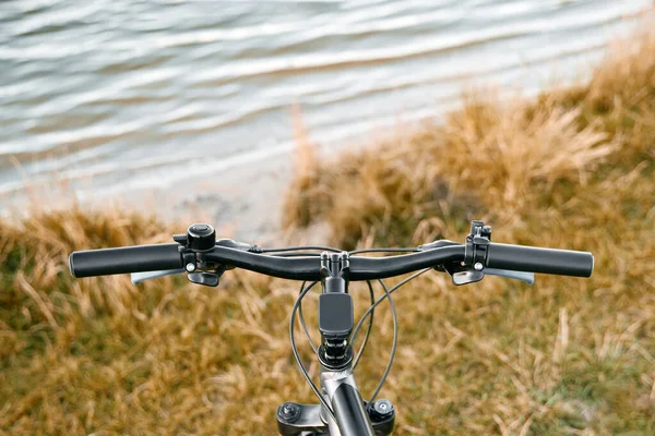 Pov Bike Handlebar Nature Backdrop Leisure Time Summer Evening Concept — Stok fotoğraf