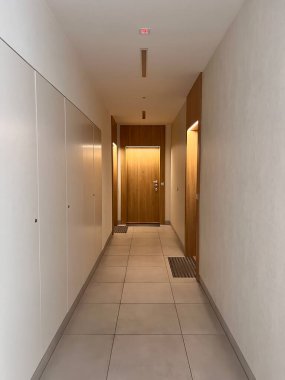 Vertical photo of long house corridor with a wooden door to flats. Indoor concept of a contemporary passage.