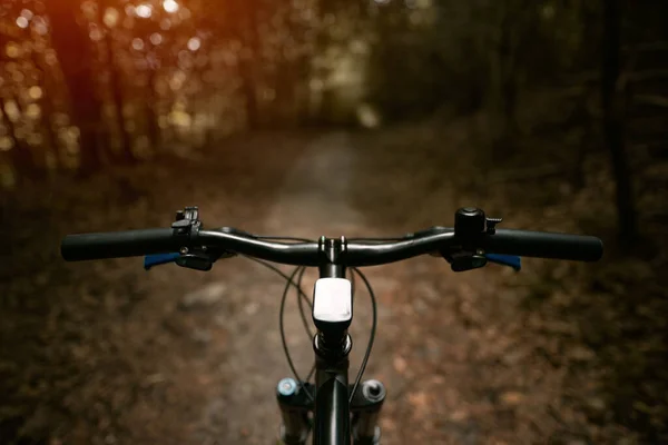 Pov Een Fiets Close Van Een Mountainbike Stuur Zomertijd Outdoor — Stockfoto