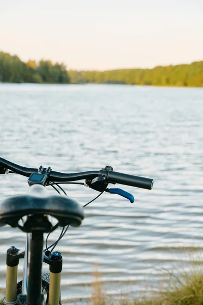 Pov Bike Handlebar Nature Backdrop Leisure Time Summer Evening Concept — Zdjęcie stockowe