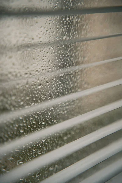 Close Rainy Water Droplets Glass Windows Blinds Macro Shot Raindrops —  Fotos de Stock