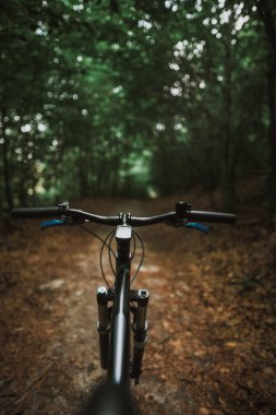 Mountain biker riding on flow single track trail in green forest, POV behind the bar's view of the cyclist. POV MTB riding in the woods. Outdoors active sports concept.