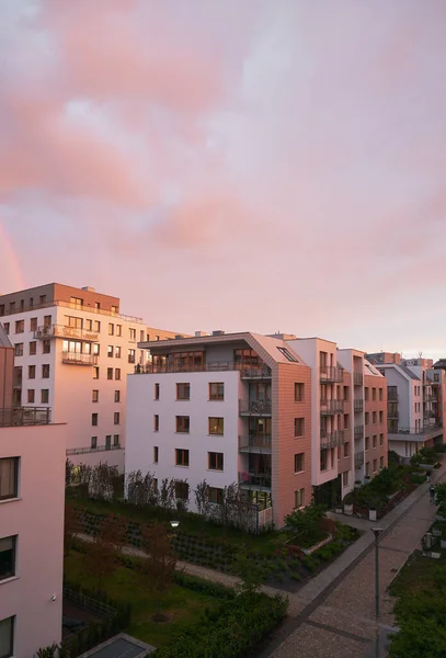 Contemporary resident complex in Europe during summer evening. Concept of happy living in the modern house. Owning a real estate concept.