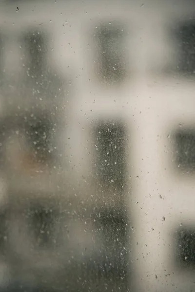 Rain Droplets Window Glass View Window Blurred Street Buildings Bad — Photo