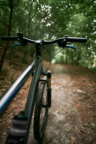 Bicycle Frame Air Suspension Fork Handlebar Brake Handle Forest Background — Stok fotoğraf