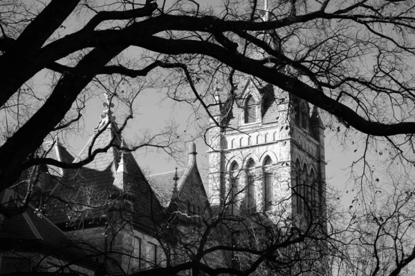 Stary Kościół Wieża Postrzegana Przez Gołe Gałęzie Drzewa Sylwetce — Zdjęcie stockowe