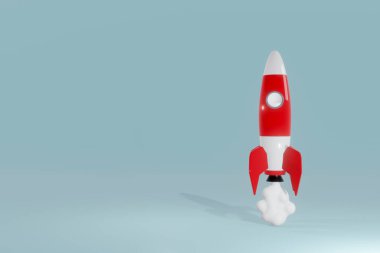 Parlak kırmızı ve beyaz roket mavi arka plana doğru havalanıyor. 3d oluşturma.