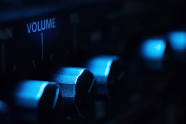 Volume Knob Aplifier Cool Blue Light Macro View — Stock Photo, Image