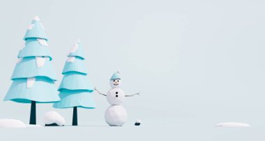 Mutlu kardan adam ve pastel mavi tonda kış ağaçları. Kopya için yer yok. 3d oluşturma.